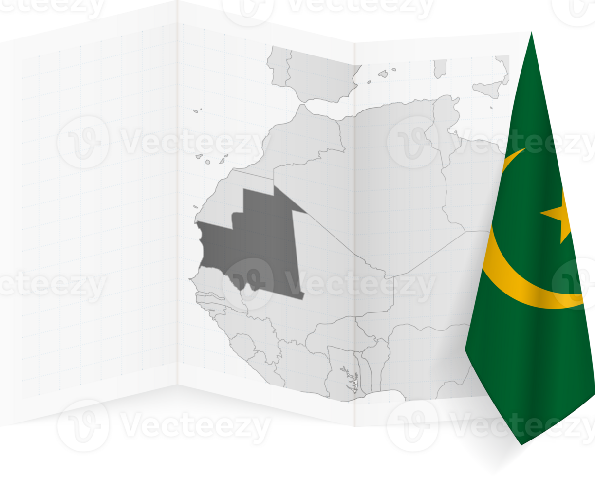 Mauritania grayscale map and hanging flag. png