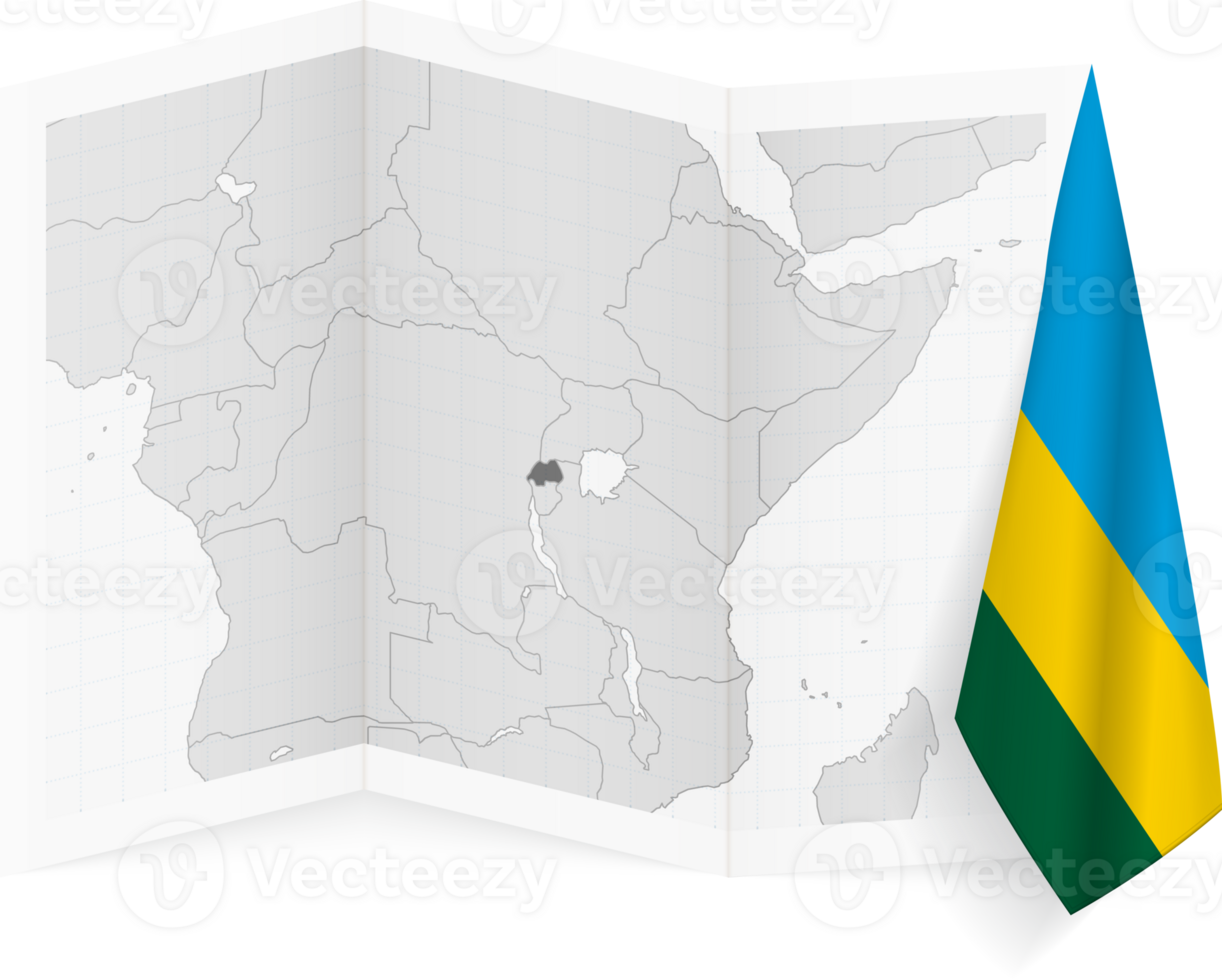 Rwanda grayscale map and hanging flag. png
