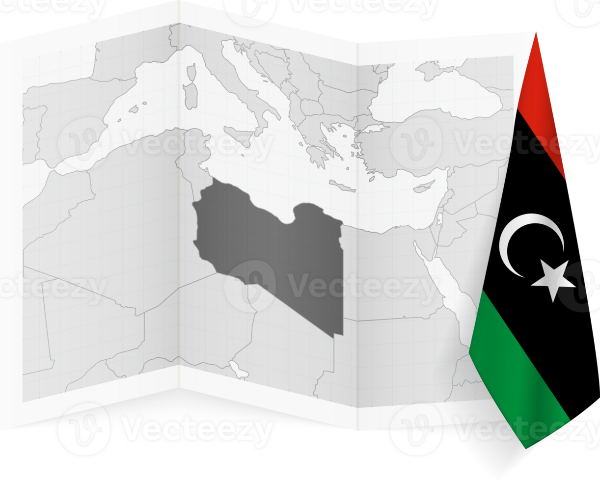Libya grayscale map and hanging flag. png