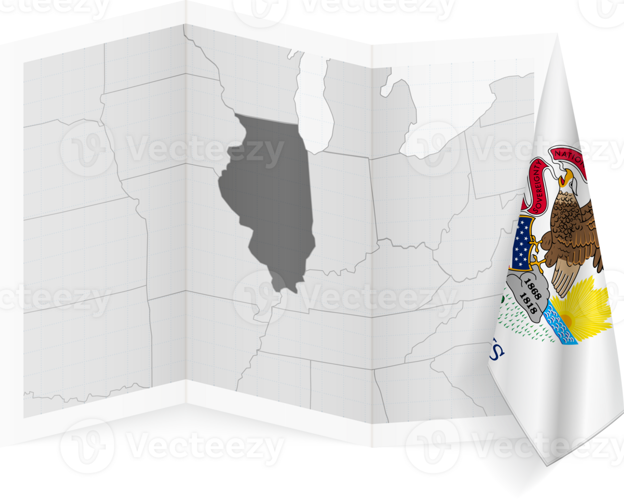 Illinois grayscale map and hanging flag. png