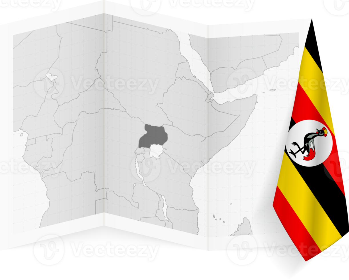 Uganda grayscale map and hanging flag. png