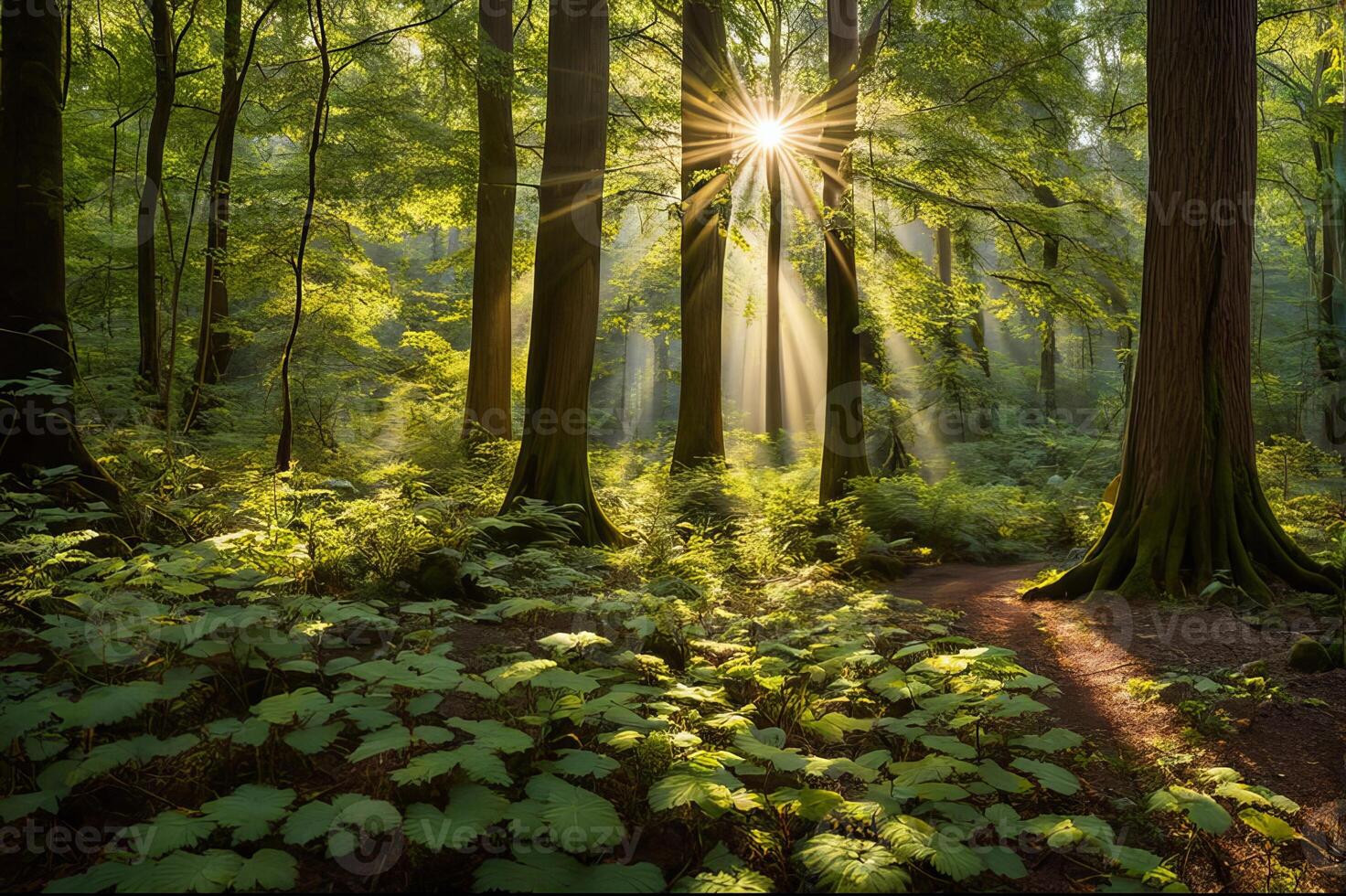 Sunlight through the trees on forrest photo