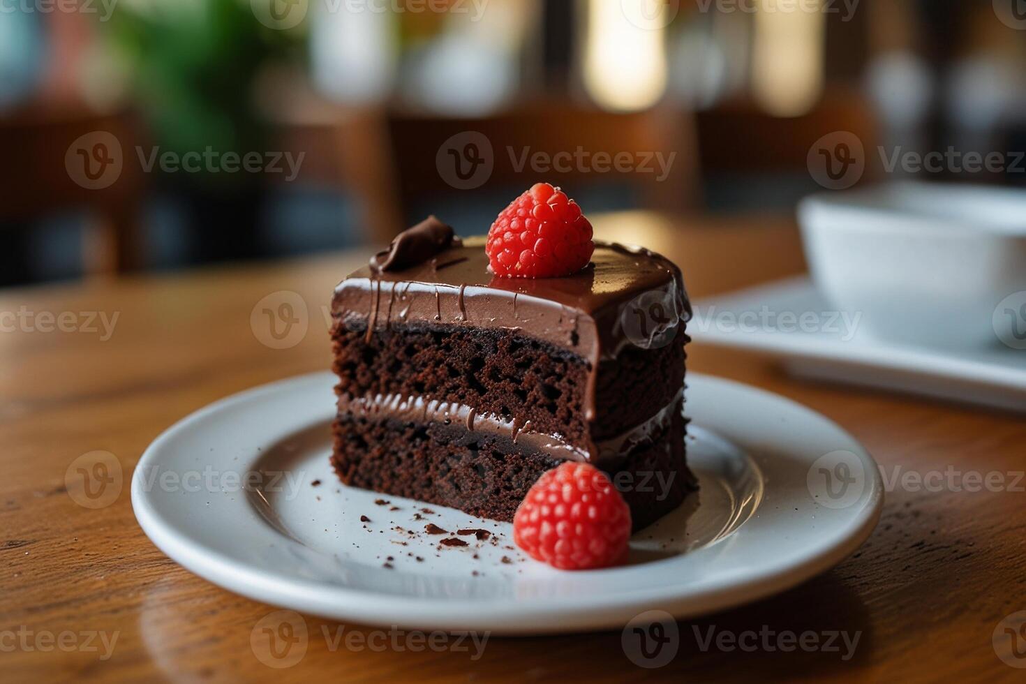 Closeup chocolate cake with fresh raspberry on white plate at the cafe photo