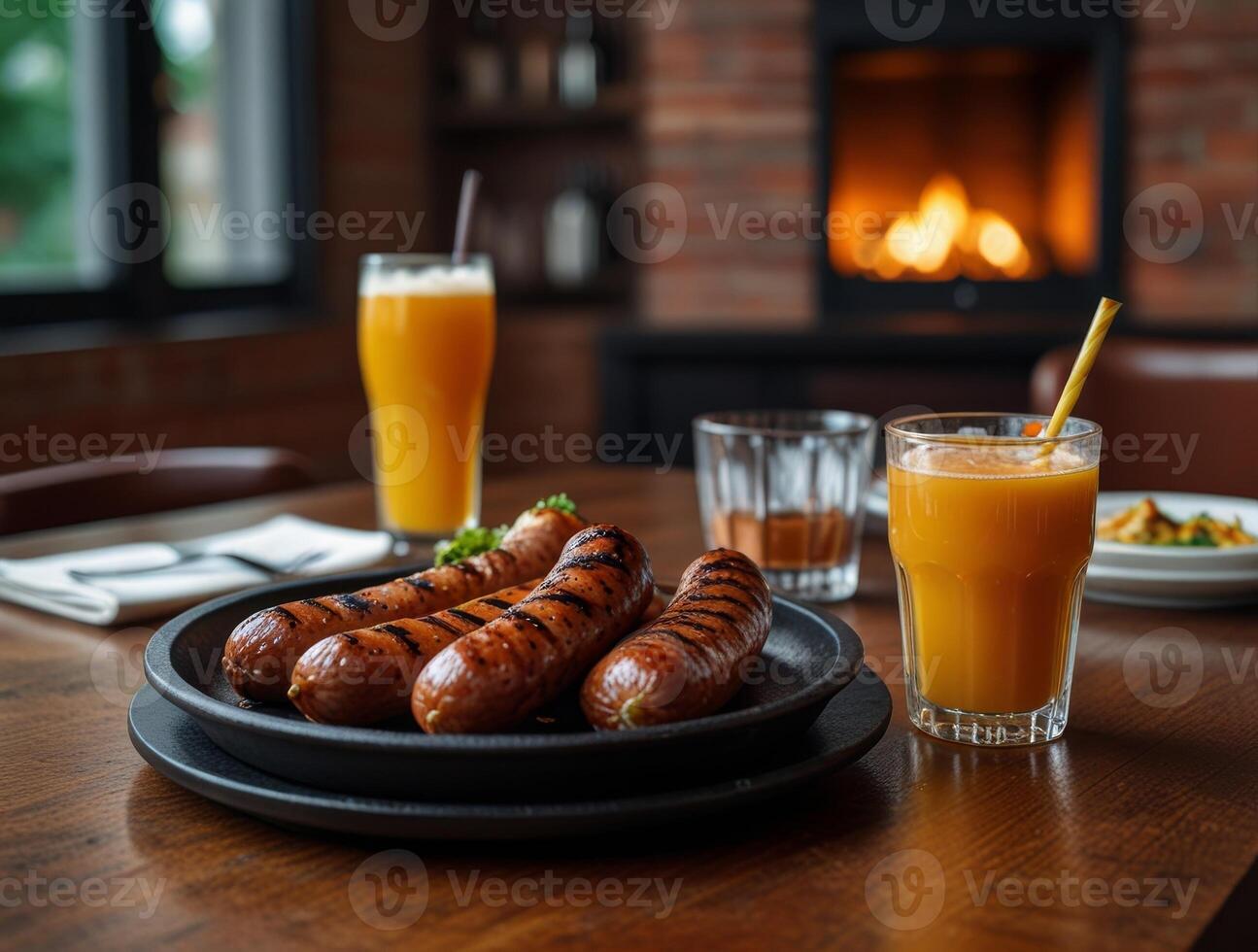 Grill sausages with glass of juice on the table at cozy home photo