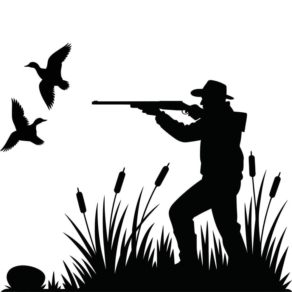 Flat Silhouette of Hunter and Wild Ducks. vector