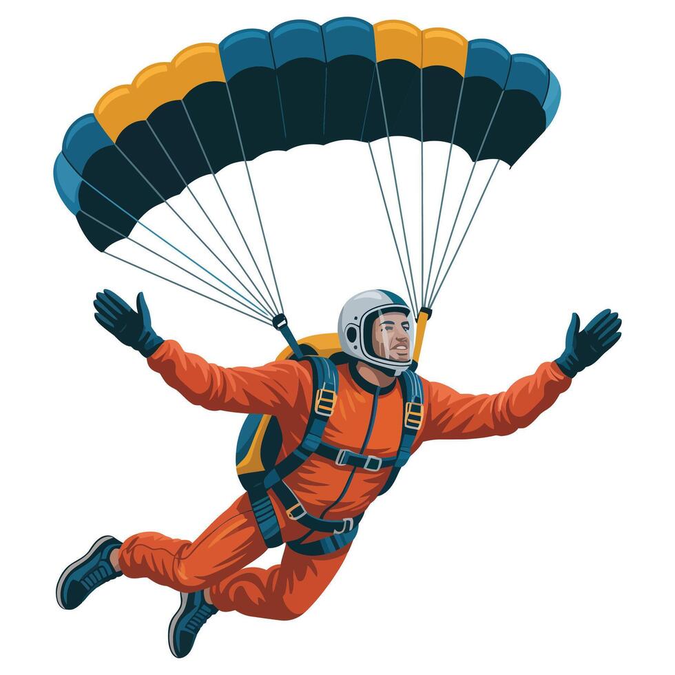 A man in an orange suit is flying with a parachute vector