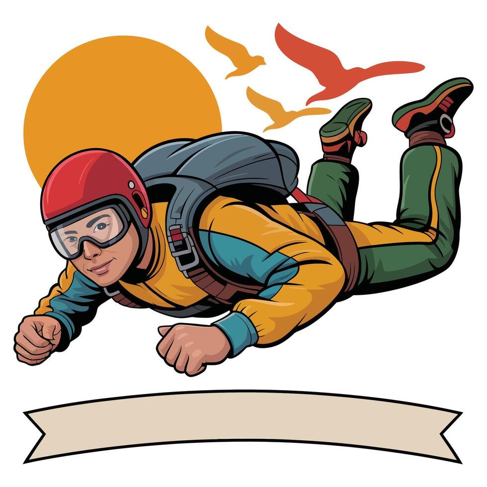 Skydiver with banner flying over the sun vector