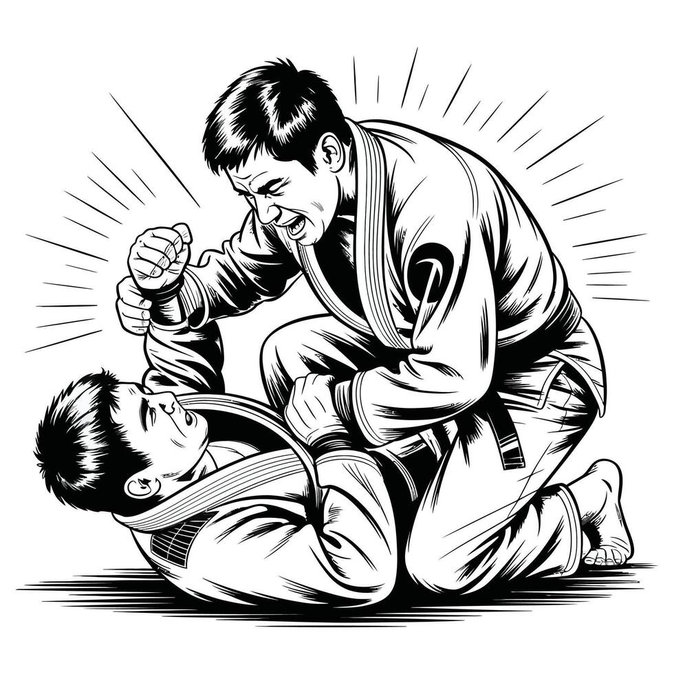 Two men in bjj gear fighting vector