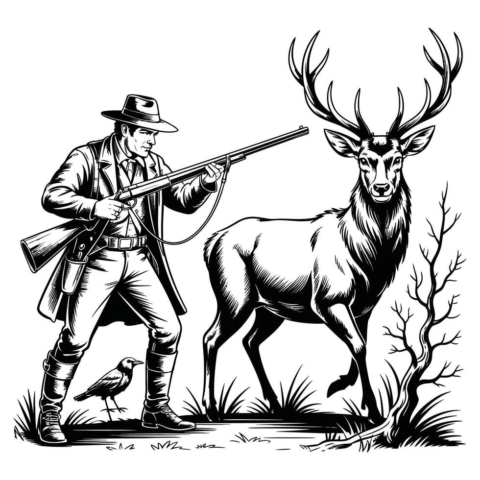 Hunting man with rifle and deer vector