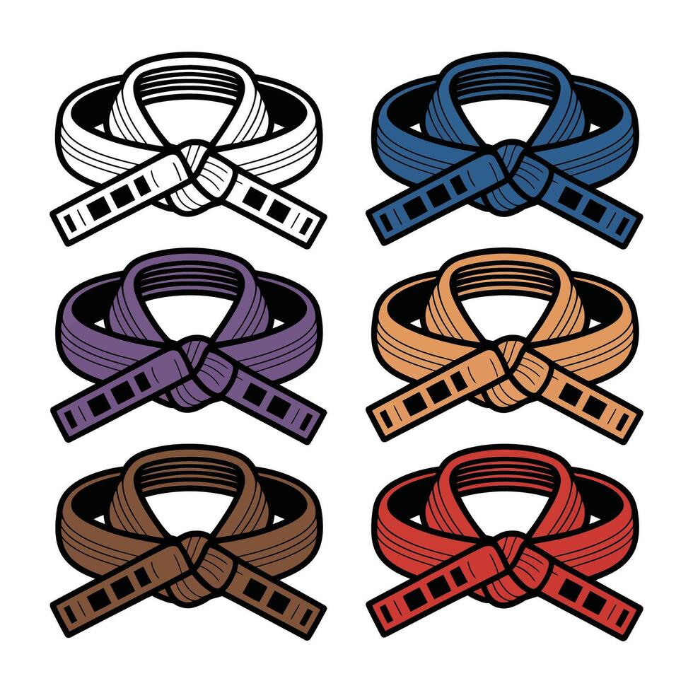 Six different colored belts with the word karate written on them vector