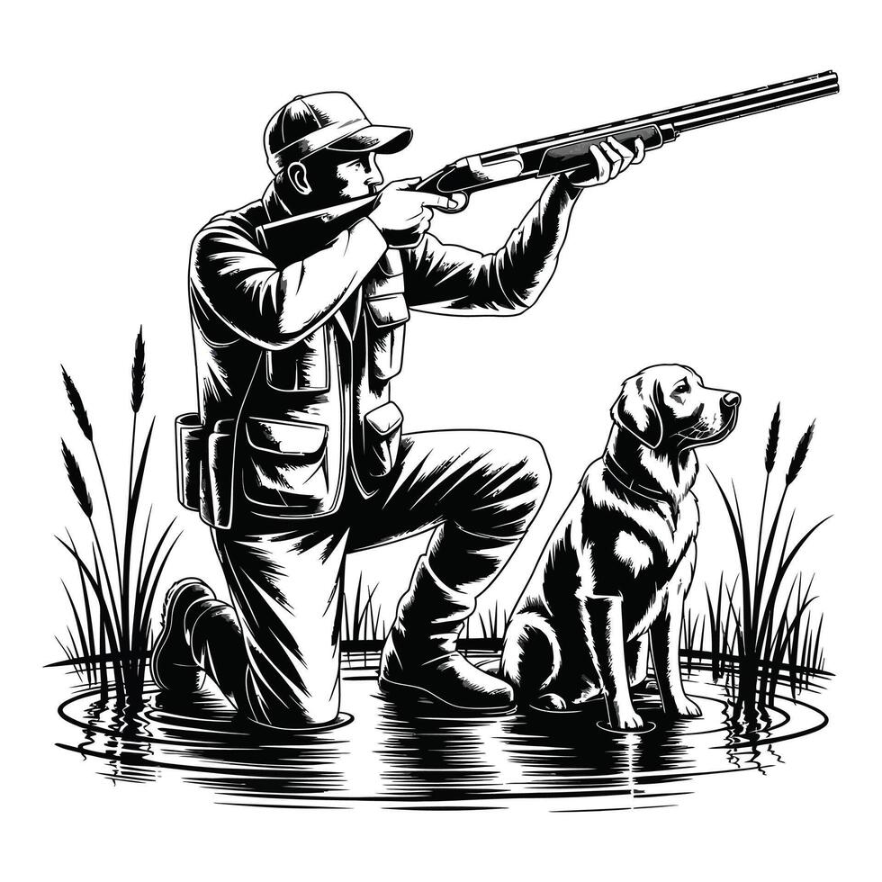 A man with a gun and dog in the water vector