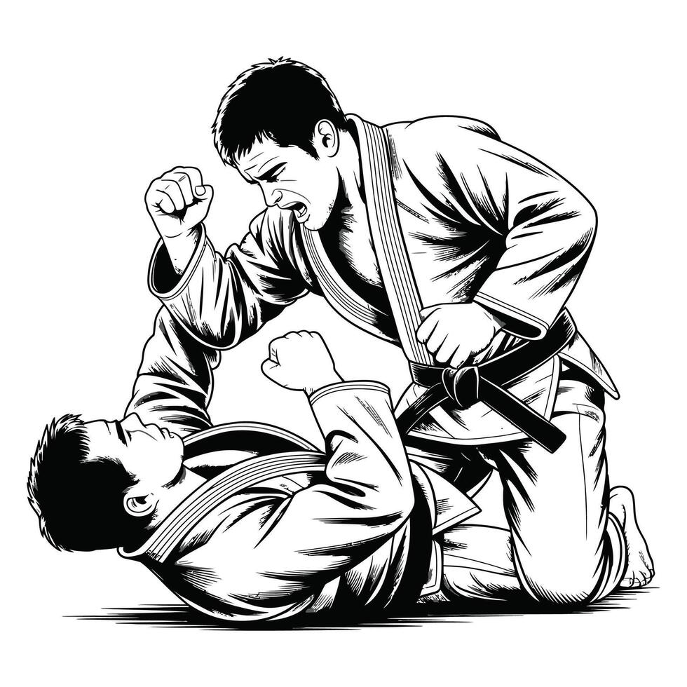 Two men in judo gear are fighting vector