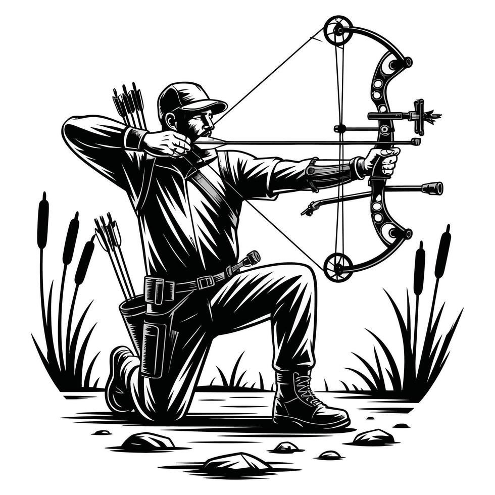 Archer with bow and arrow, black and white illustration vector