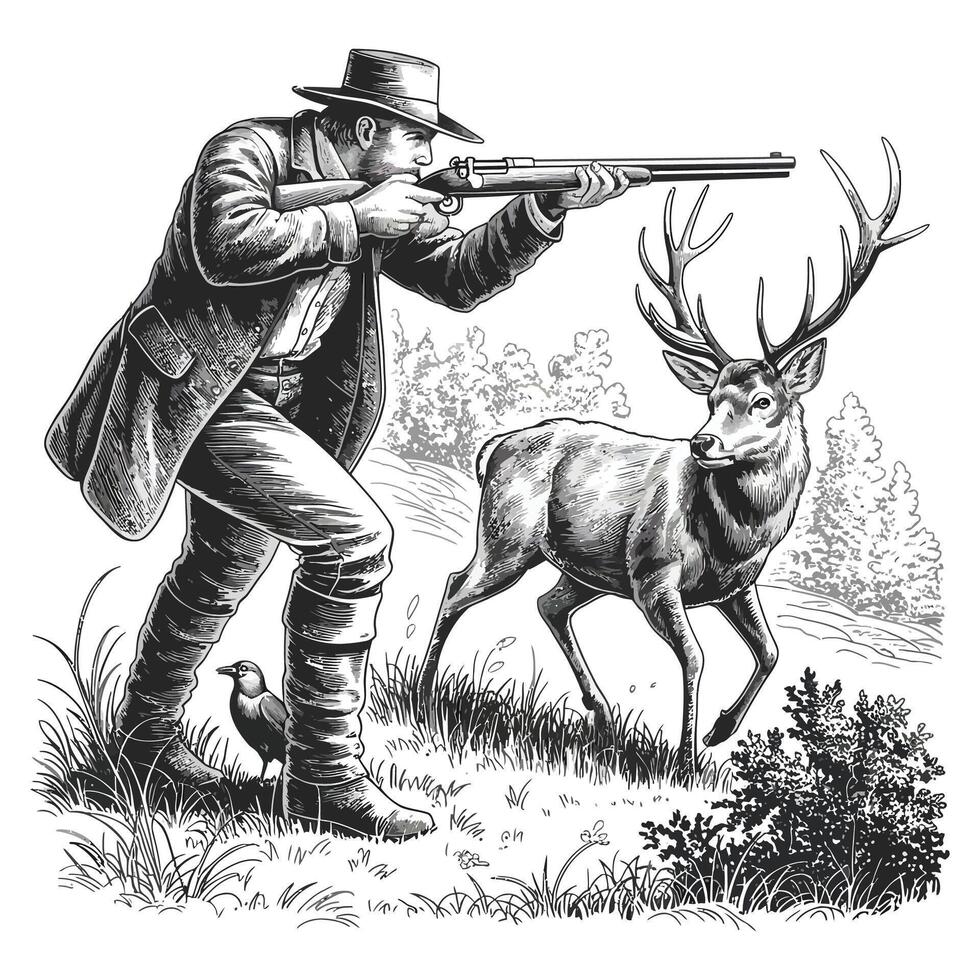A black and white drawing of a man with a rifle and deer vector