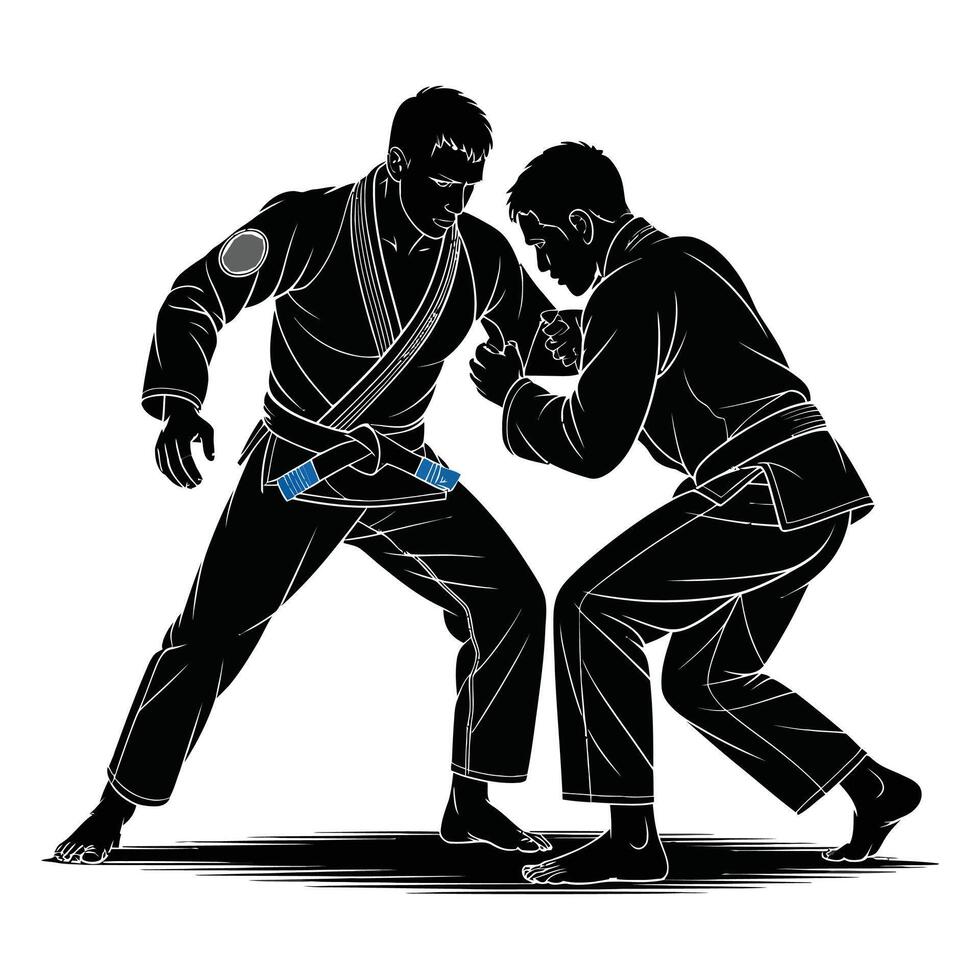 Two men in black and white fighting in a karate stance vector