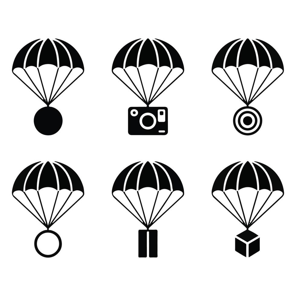Parachute icon set with camera, parachute and box vector