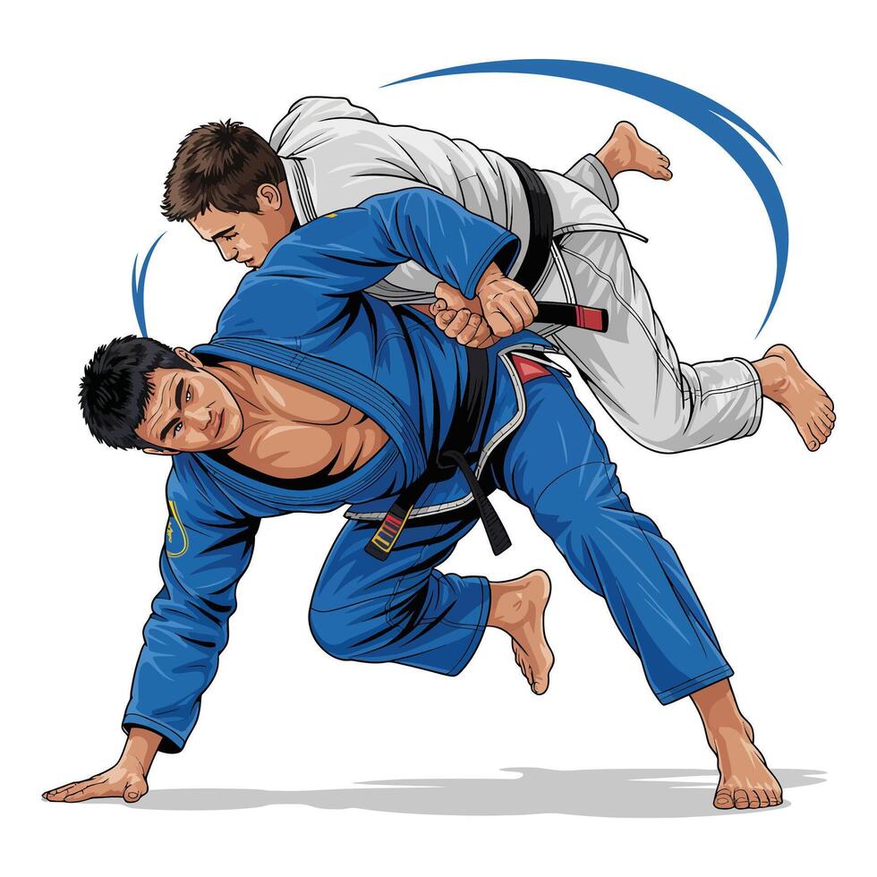 Two men in blue and white judo gear are fighting vector