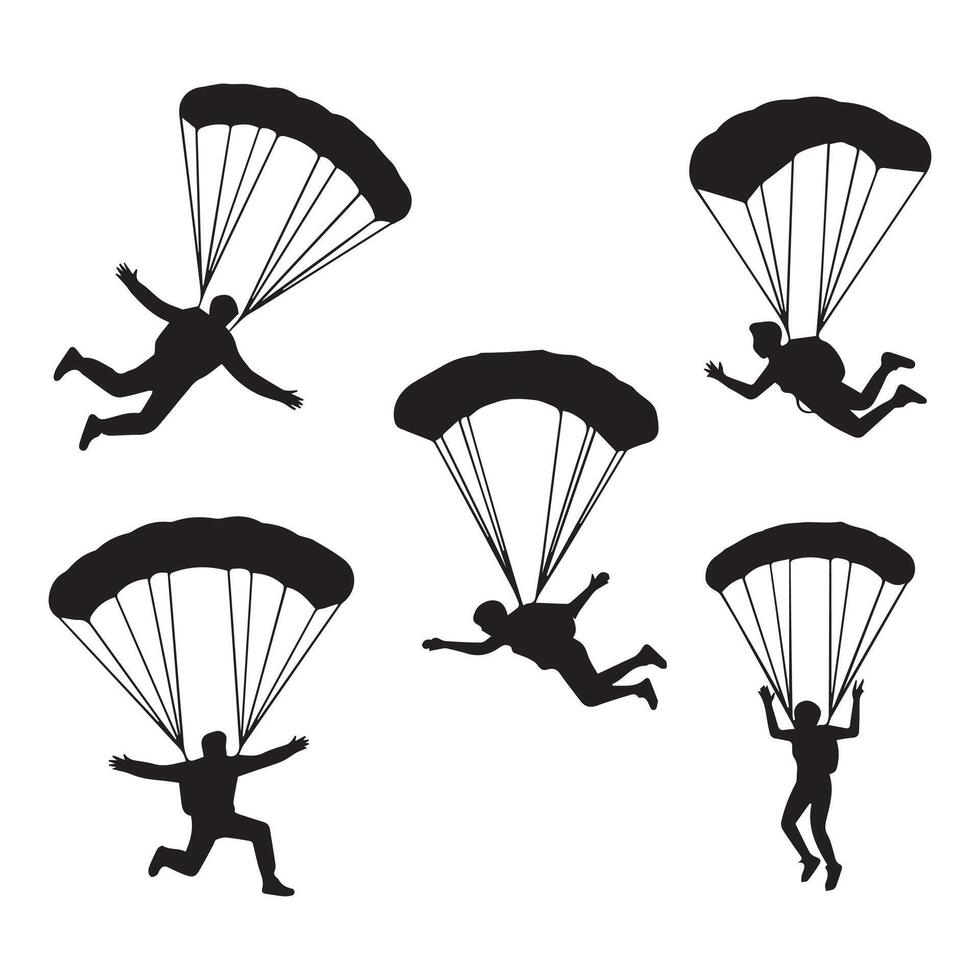 Skydiver silhouettes set of people jumping with parachutes vector