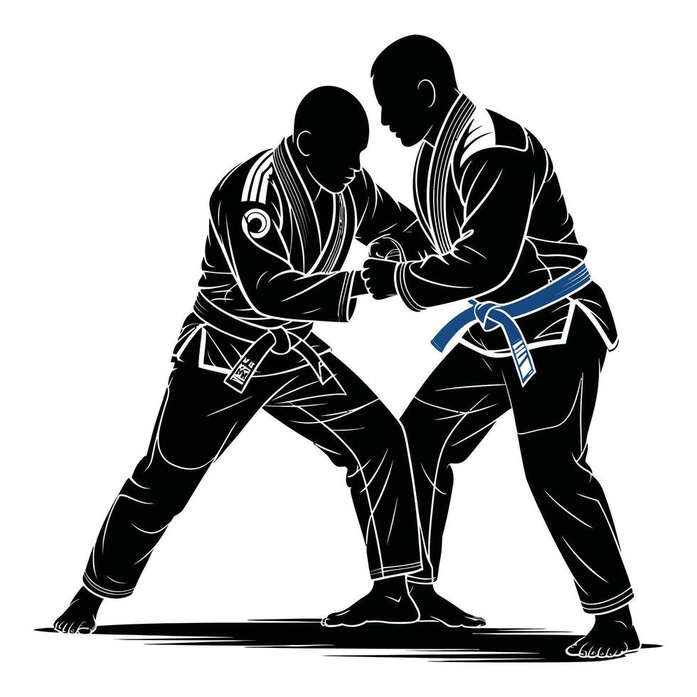 Two men in black and blue karate gear are fighting vector