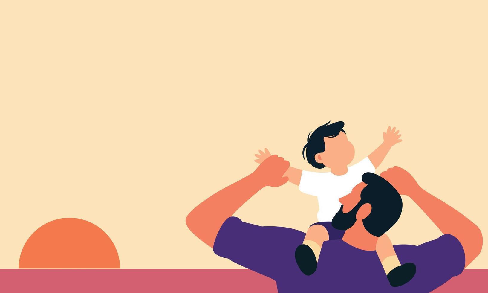 Happy father carrying his smiling child on his shoulders at sunset. Flat illustration in colorful silhouette style, perfect for Father's Day, family, and parenting themes. vector