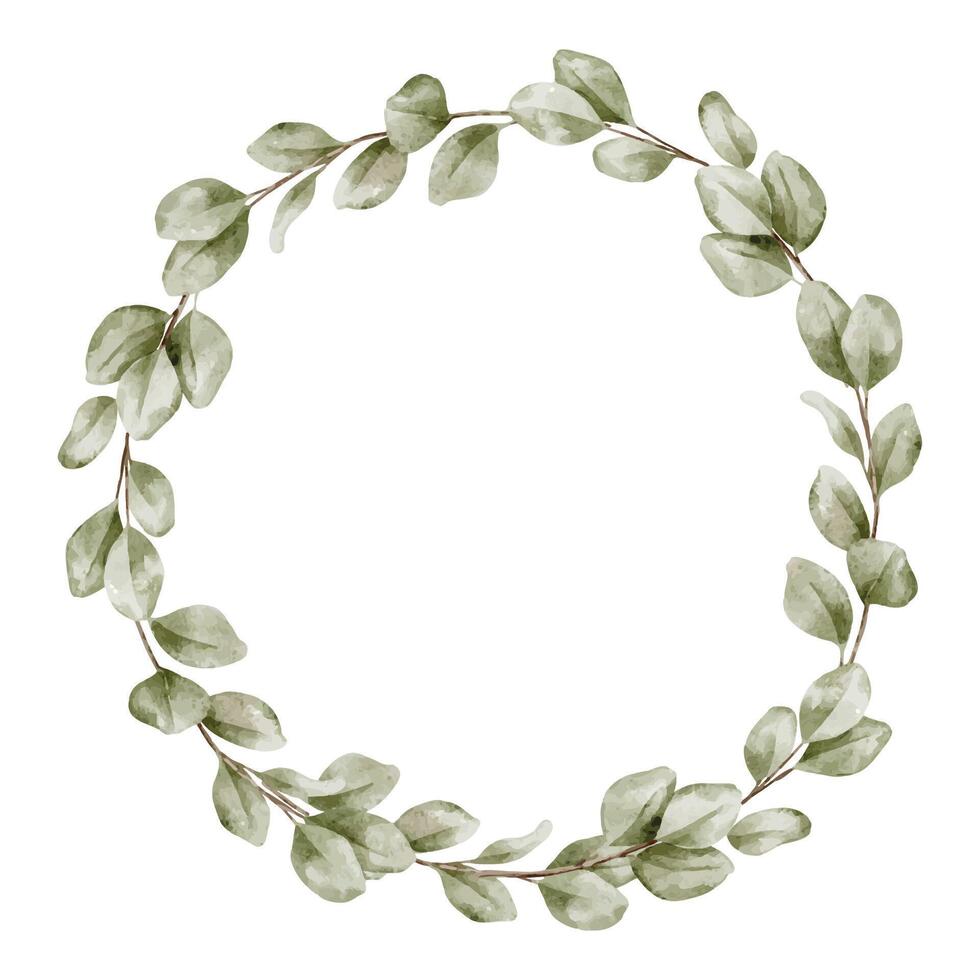 Watercolor illustration of a Circular Eucalyptus Wreath with soft green leaves. Drawing of round frame for childish greeting cards or wedding invitations. Art of botanical Template for postcards. vector