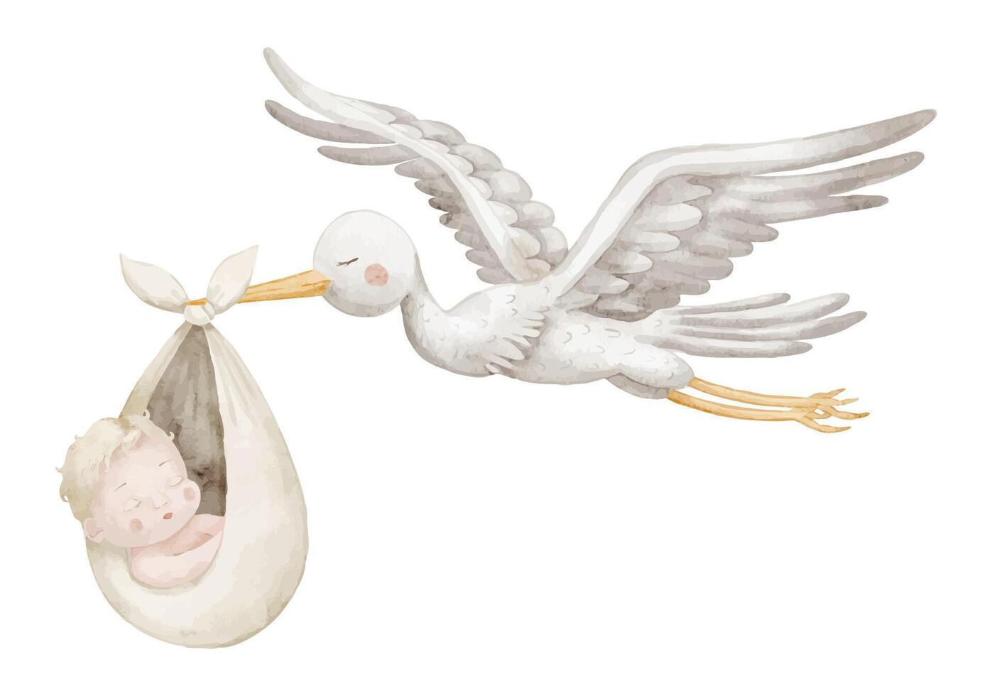 Watercolor illustration of a flying Stork carrying a newborn Baby in a soft cloth bundle. Drawing of bird with cute Infant for baby shower invitations or newborn party invitations in pastel colors. vector
