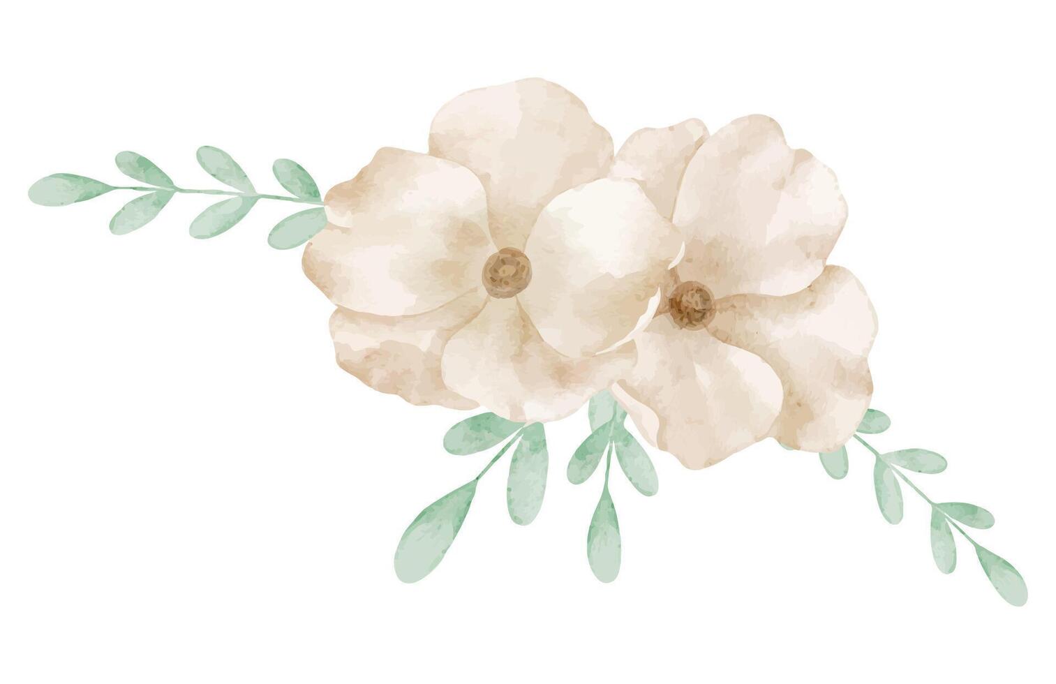 Watercolor Floral composition with beige Flowers and soft green leaves. Botanical illustration of pastel Roses for wedding invitations or childish greeting cards. Drawing for kids stationery. vector