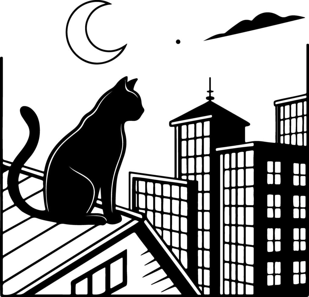 Cat Silhouette Sitting on Rooftop at Night vector