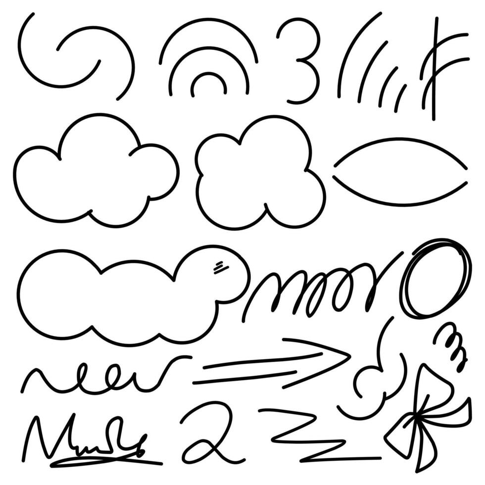 Hand drawn illustration of clouds, waving lines, arches, zigzag, circle and more doodle art. vector
