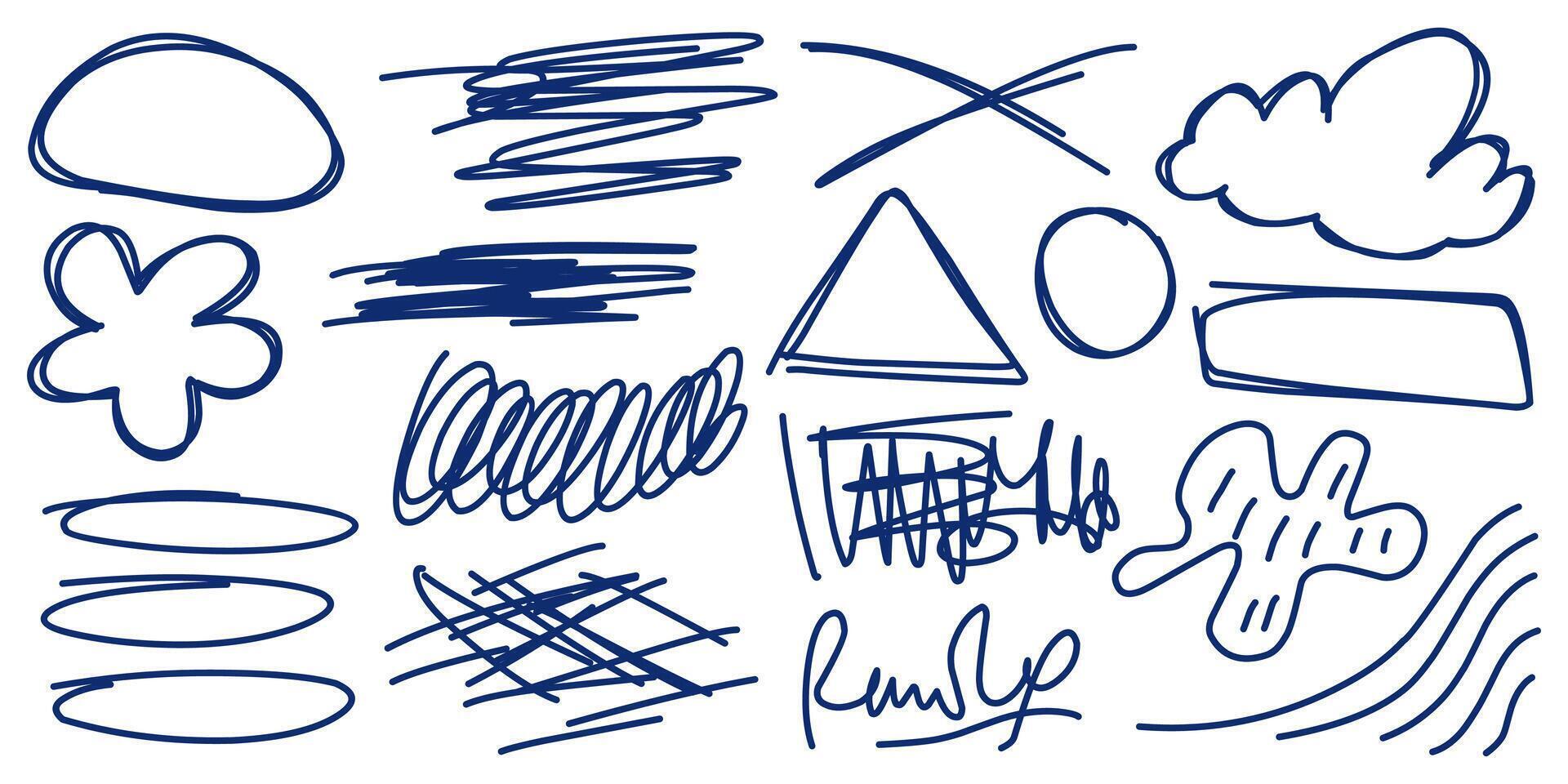 Graphic illustration of hand drawn abstract creative elements, scribble, signature, highlight, circle, crosses and more. vector