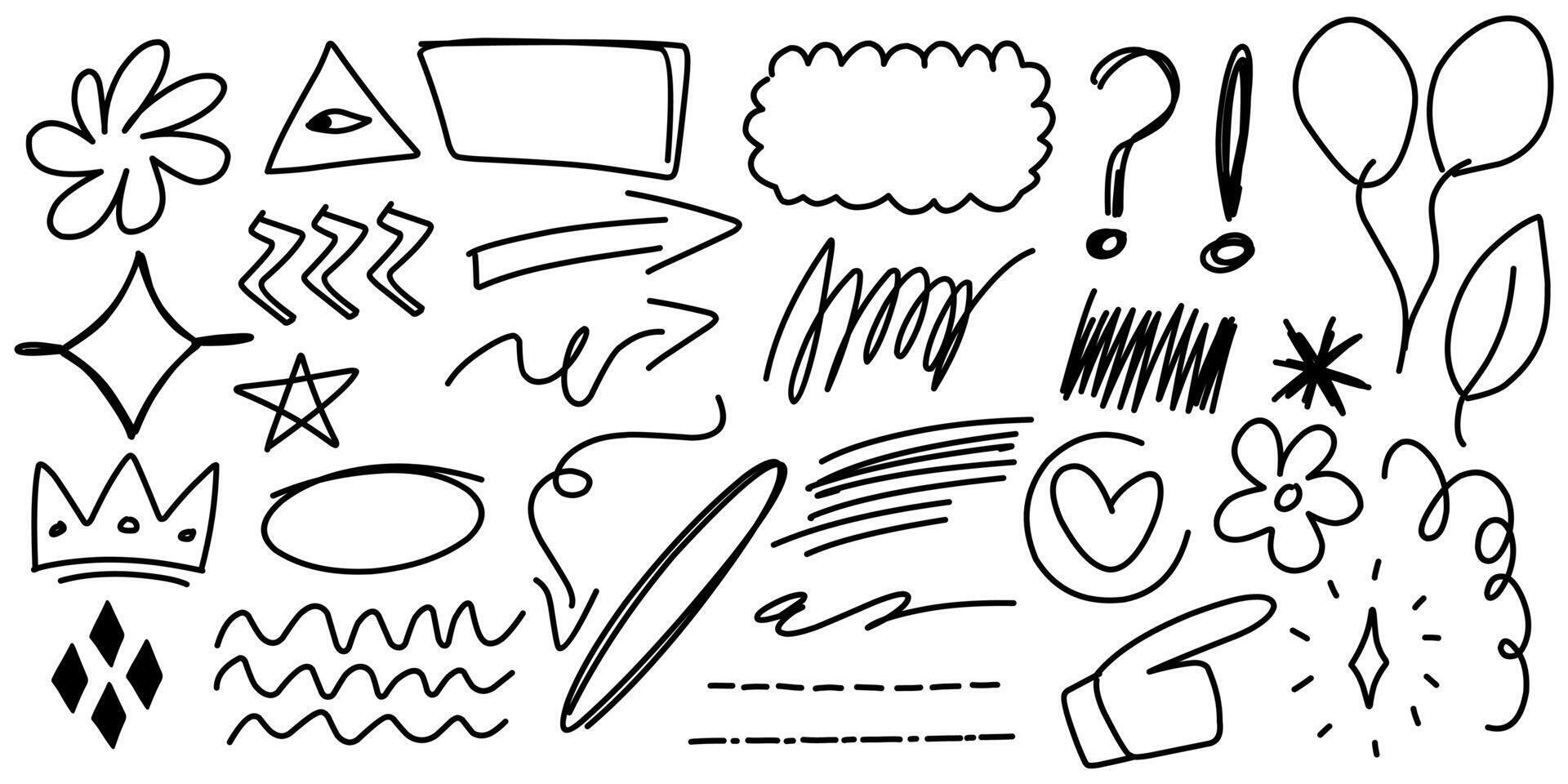 Illustration graphic of hand drawn sketch arrows, crown, frame, question mark, circle, waving line, abstract scratched and more line art doodle creative. vector