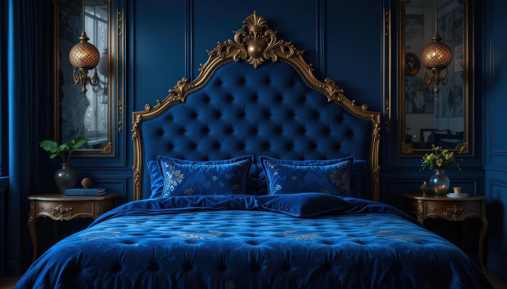 Elegant Blue Bedroom Showcases Vintage Style With Luxurious Furnishings and Inviting Ambiance photo