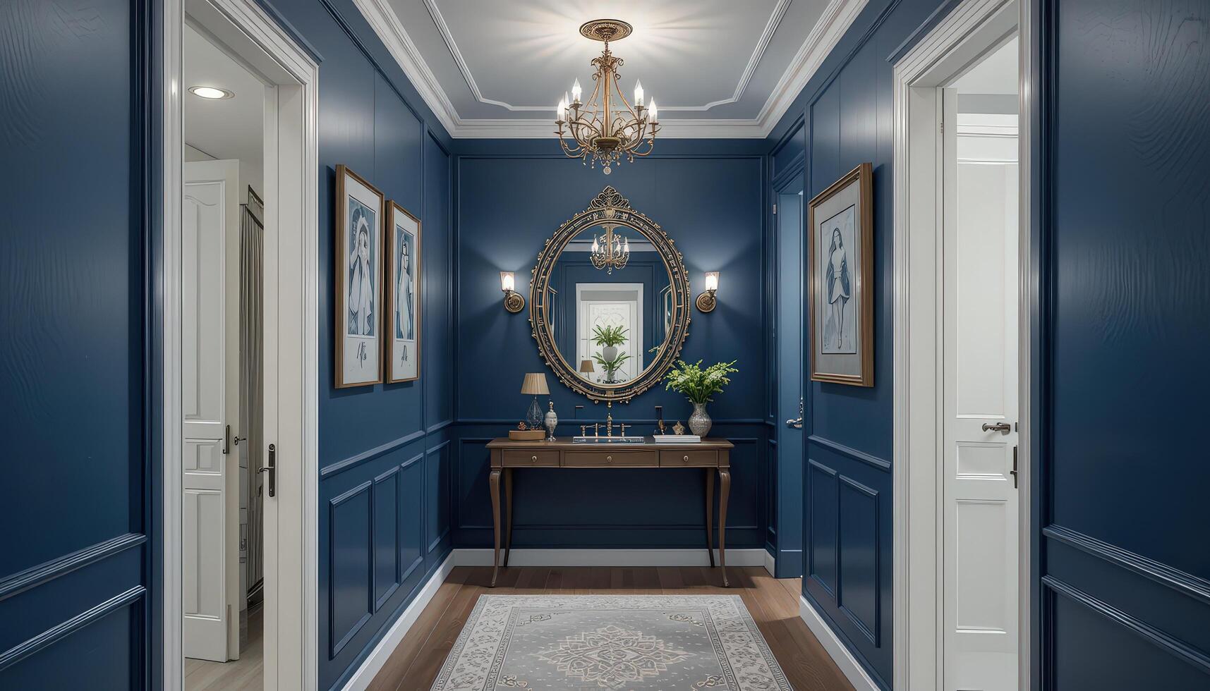 Elegant Hallway With Dark Blue Walls, Decorative Mirror, and Stylish Furniture in a Modern Home photo
