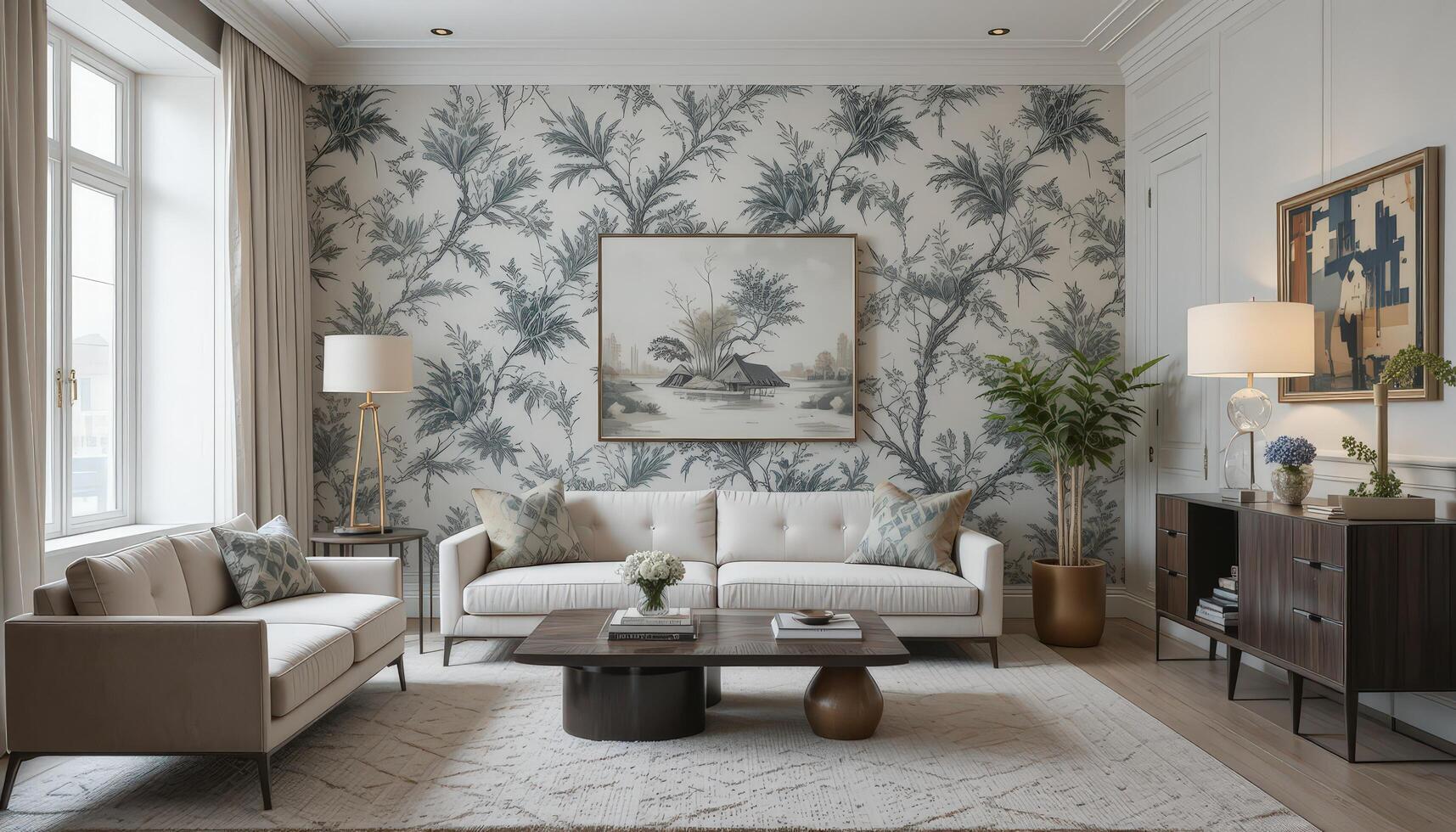 Stylish Living Room With Tropical Wallpaper and Modern Decor in a Bright and Spacious Setting photo