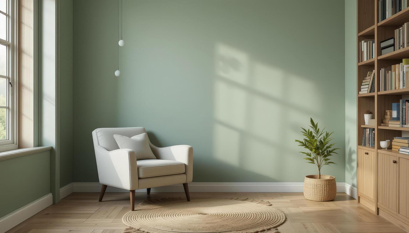 Cozy Reading Nook With Natural Light and Green Walls in a Modern Home Setting photo