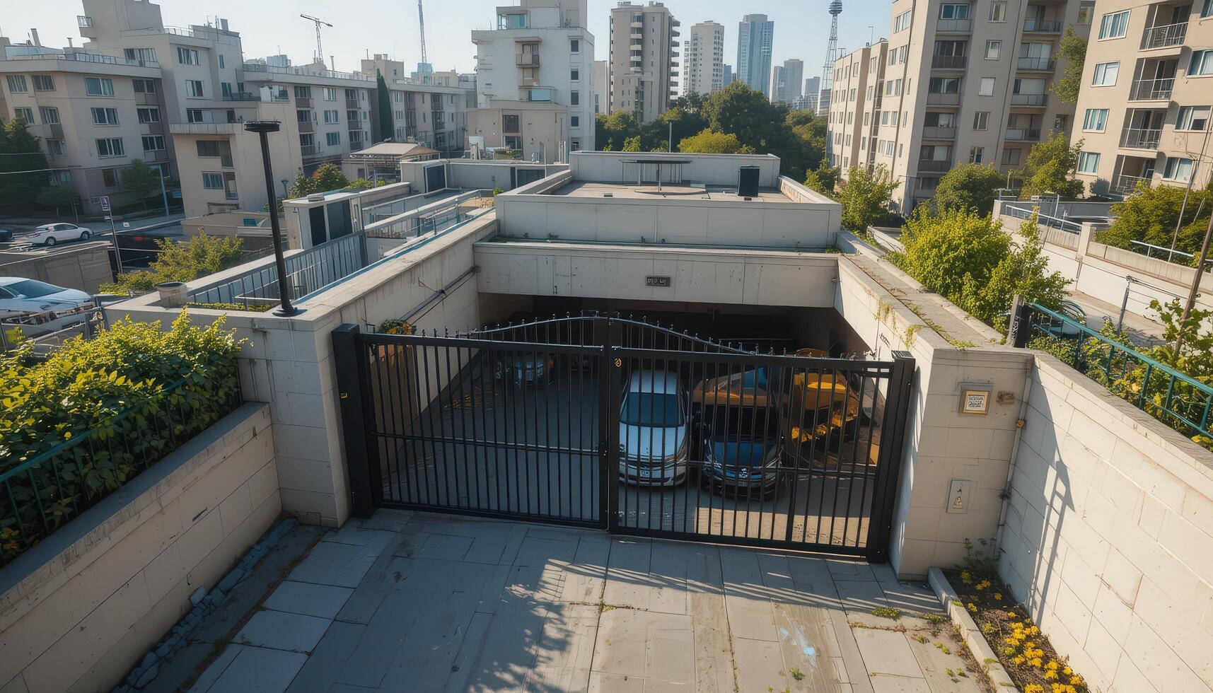 Urban Parking Garage Entrance in a Residential Area With Tall Buildings and Clear Blue Sky photo