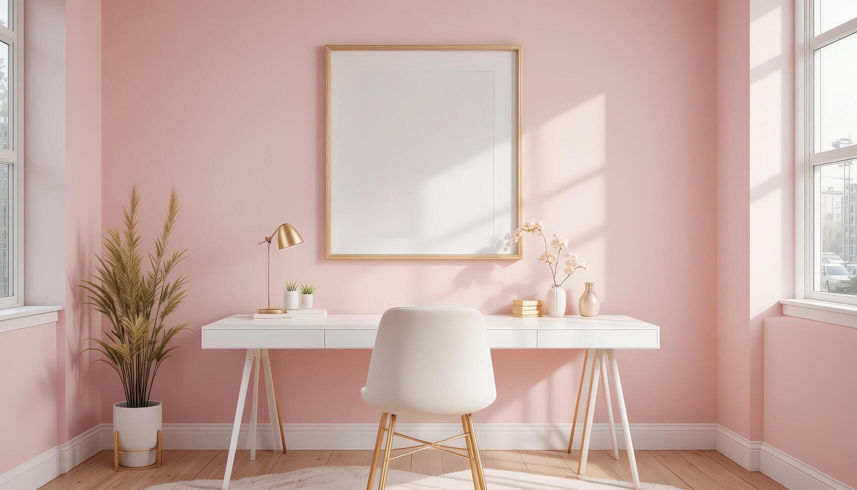 Modern Desk Setup in a Serene Pink Home Office During Daytime Sunlight photo