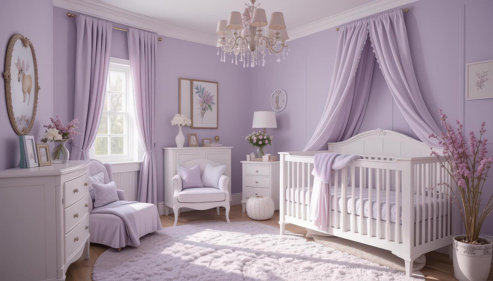 Soft Lavender Nursery Featuring White Furniture and Elegant Decor in a Tranquil Setting photo