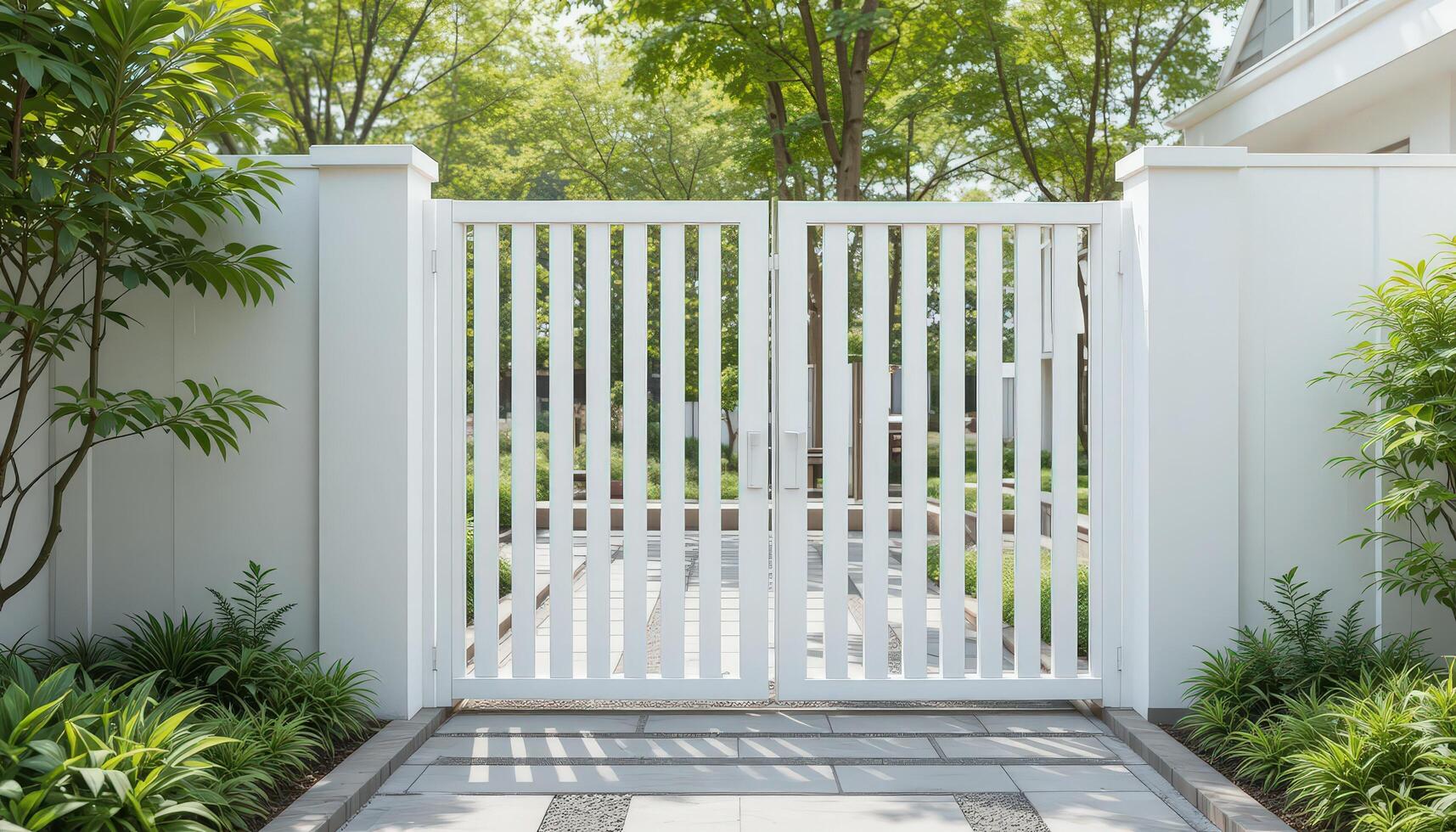 Beautiful White Gate Opening to a Serene Garden Path Surrounded by Lush Greenery photo