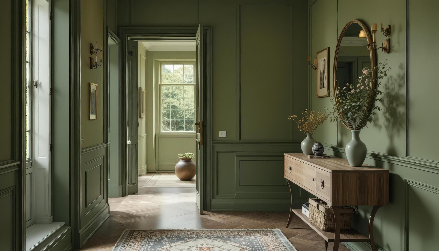 Elegant Hallway Interior Showcasing Green Walls, Vintage Decor, and Natural Light During the Day photo