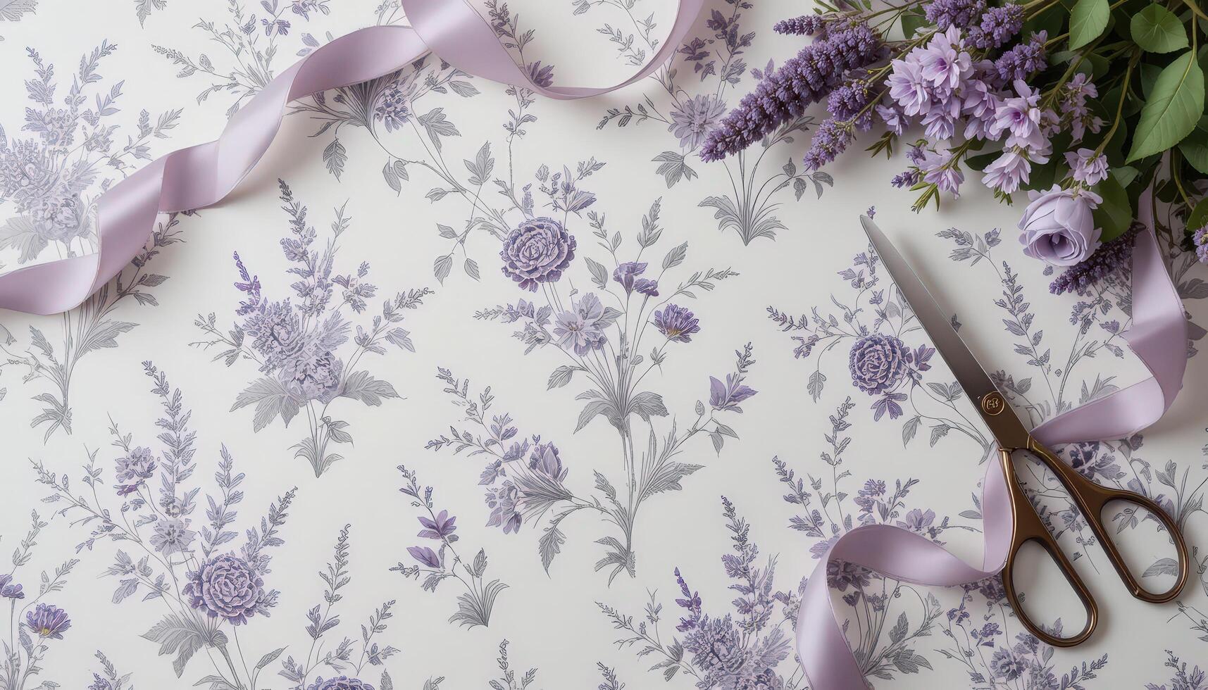 Beautiful Floral Arrangement With Scissors and Lavender Ribbon on Elegant Patterned Backdrop photo
