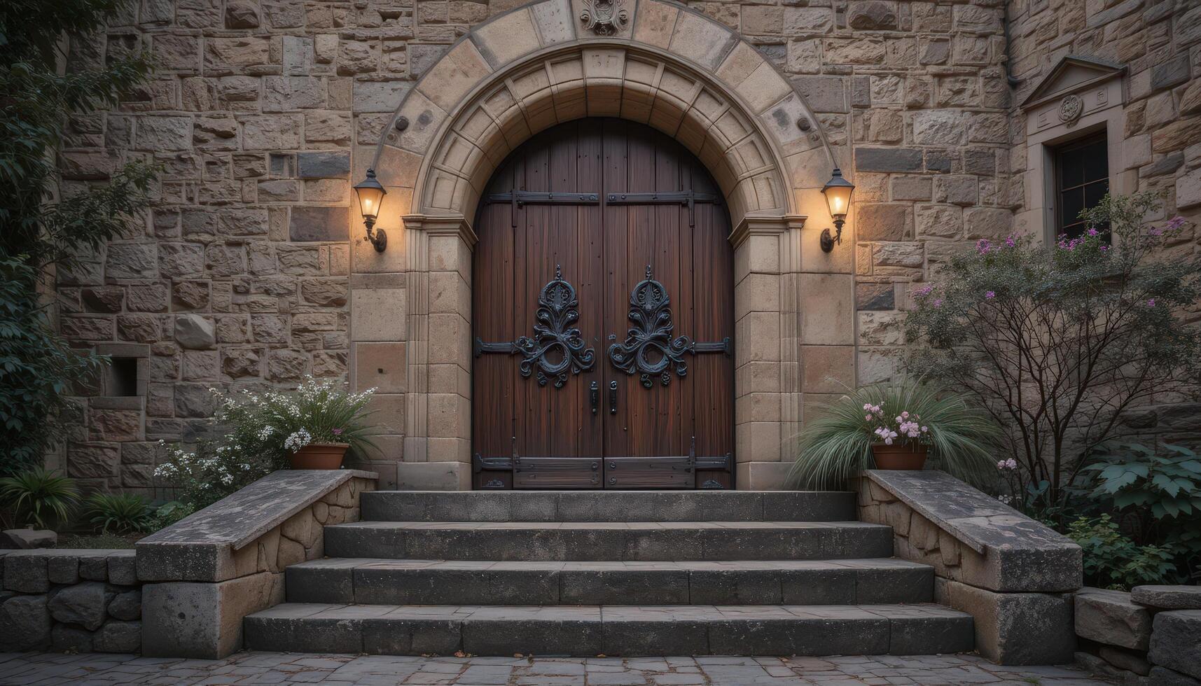Beautiful Stone Entryway With Ornate Wooden Doors and Lantern Lighting in a Tranquil Setting photo