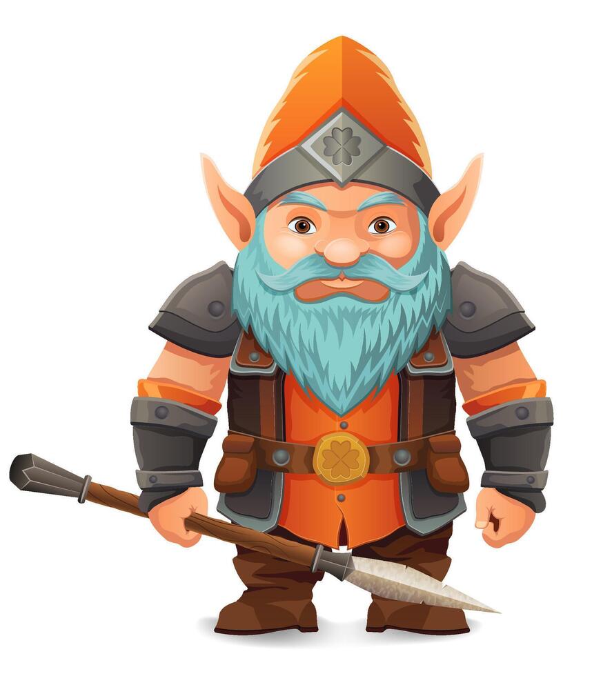cartoon fantasy dwarf character bright blue beard and armor wearing an orange hat he stands firmly with a determined expression the design is a colorful illustration emphasizing fantasy themes vector