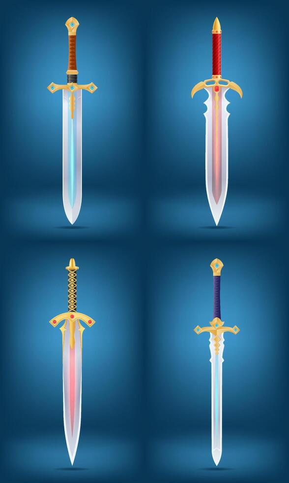 detailed illustration of a decorative sword featuring a gold hilt adorned with gemstones and a sleek blade against a gradient background, perfect for fantasy themes vector