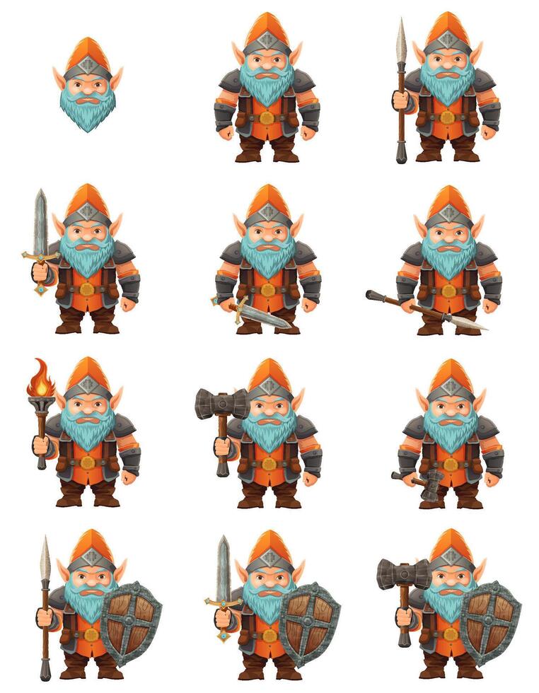 set cartoon fantasy dwarf character a bright blue beard and armor wearing an orange hat he stands firmly with a determined expression the design is a colorful illustration emphasizing fantasy themes vector