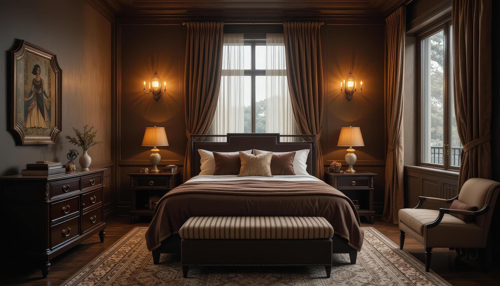 Elegant Bedroom Interior With Warm Tones, Vintage Decor, and Soft Lighting in a Cozy Retreat Setting photo