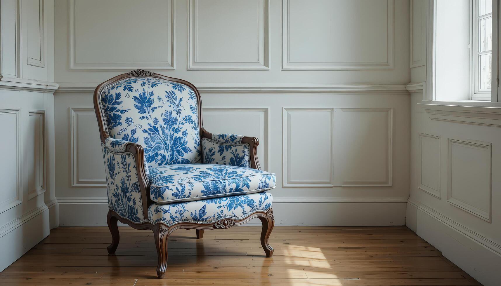Elegant Blue Floral Chair Positioned in a Well-Lit Corner of a Classic Room Setting photo