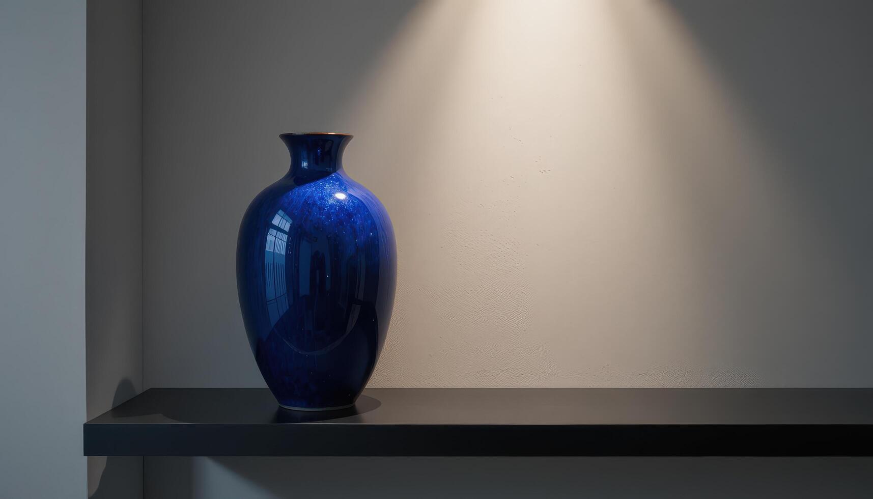 Elegant Blue Vase Displayed on a Shelf Under Soft Lighting in a Modern Interior Setting photo