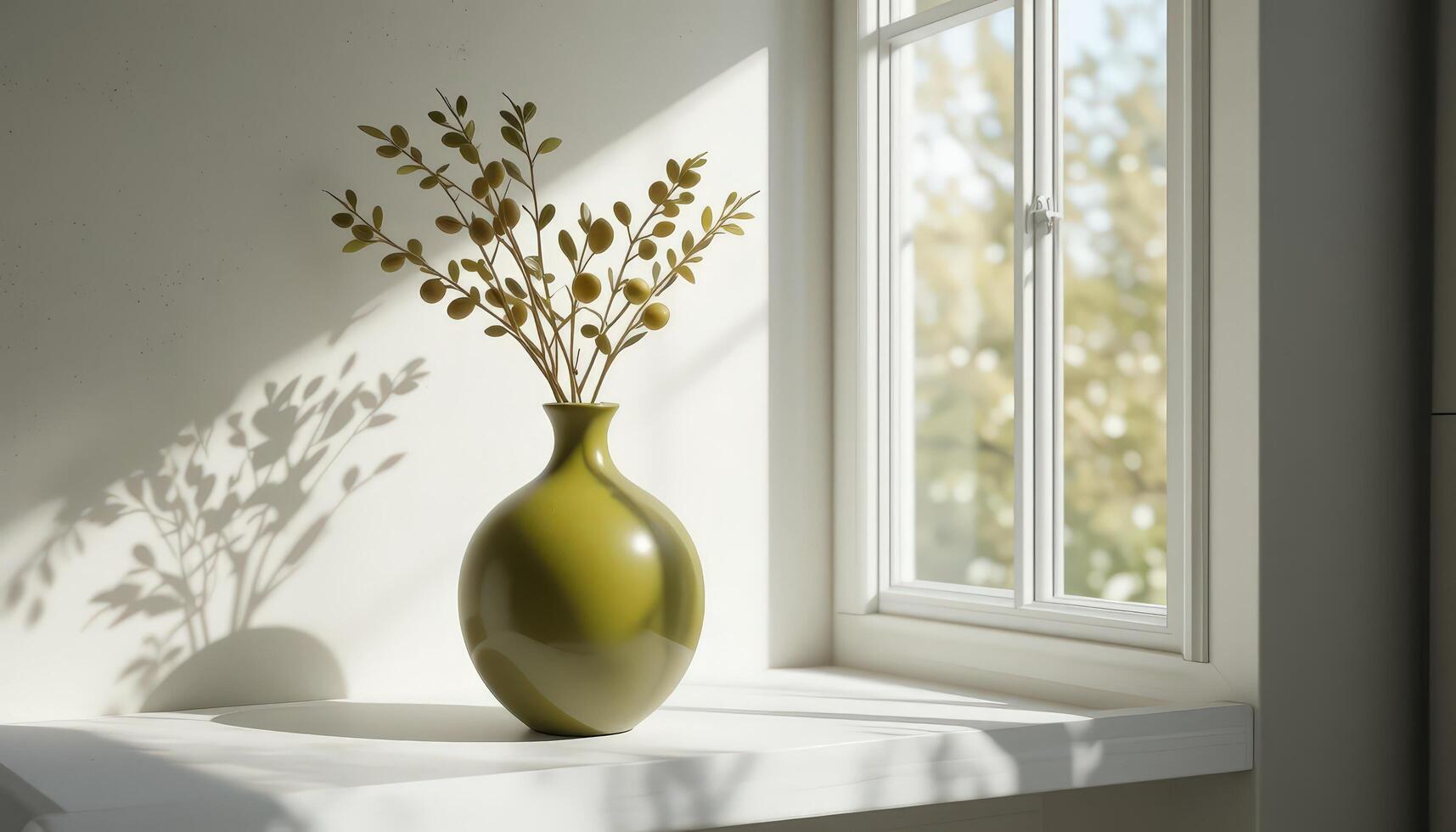 Fresh Green Vase With Branches Placed on a Windowsill Illuminated by Daylight photo