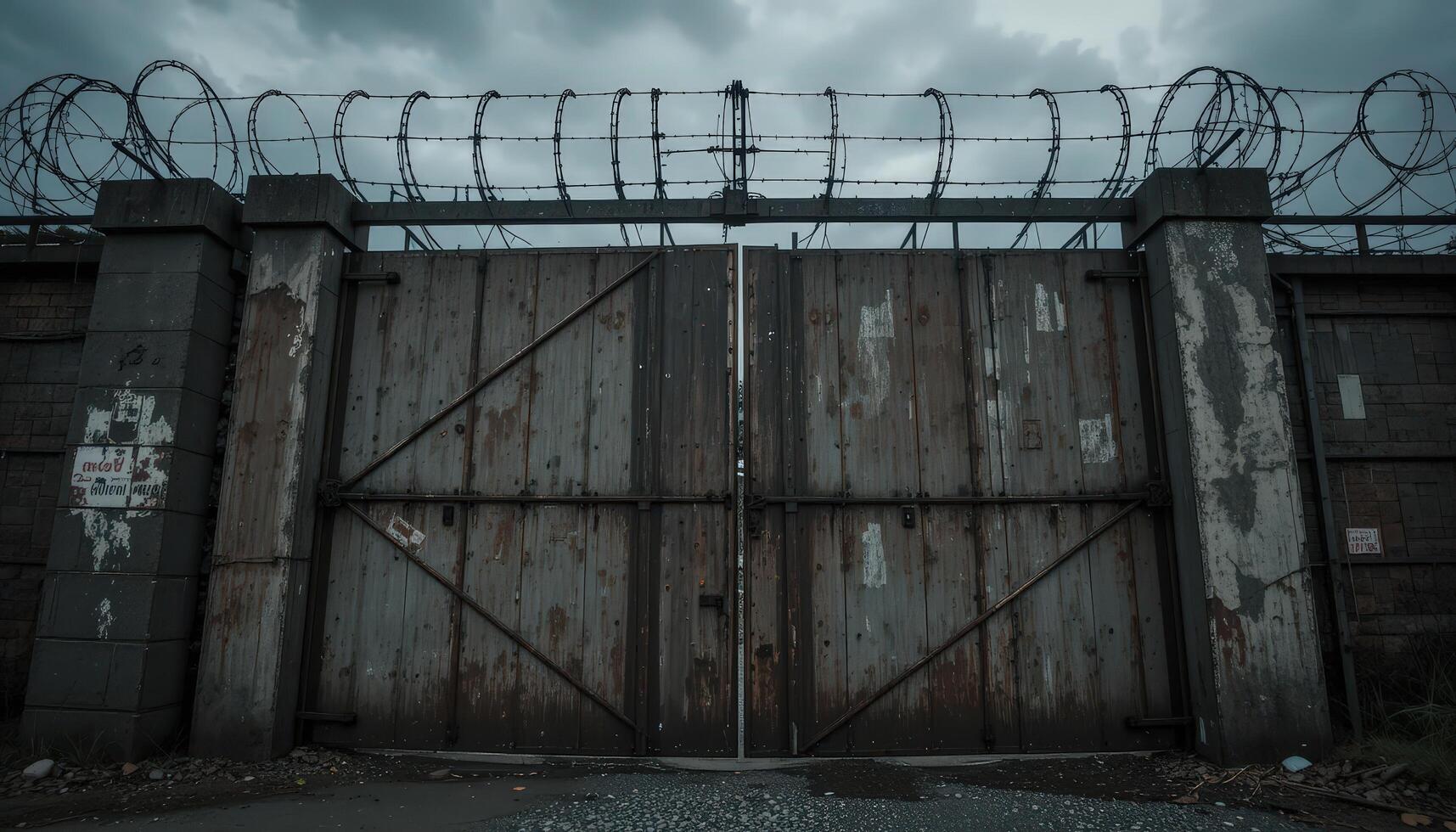 Rusty Gates Behind Barbed Wire Creating a Foreboding Atmosphere in an Abandoned Facility at Twilight photo